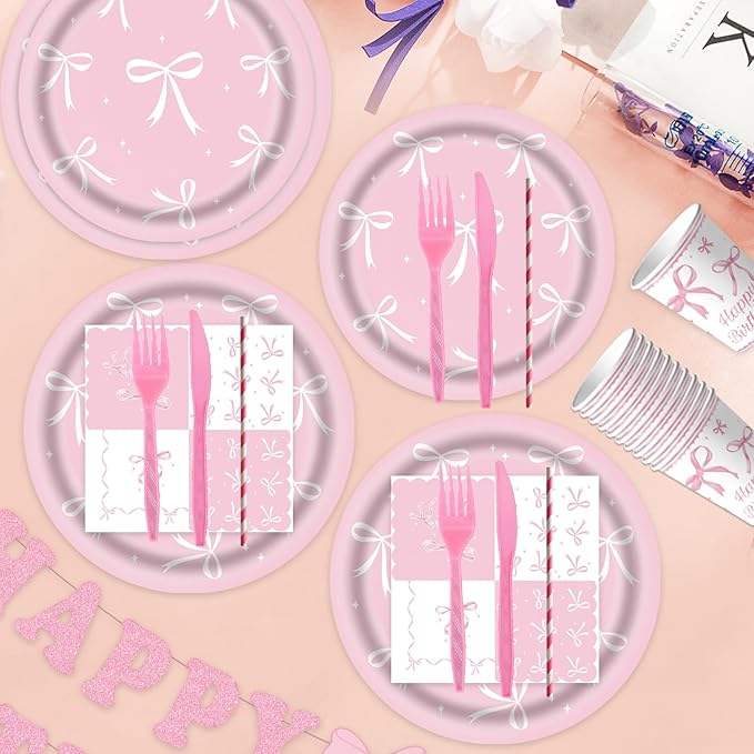 Pink Bow Party Supplies Tableware Sets,Includes Disposable Plates, Napkins, Cups,Straws,Cutlery, Balloons, Banner, and Tablecloth for Party Baby Shower Birthday Decorations,Serves 20