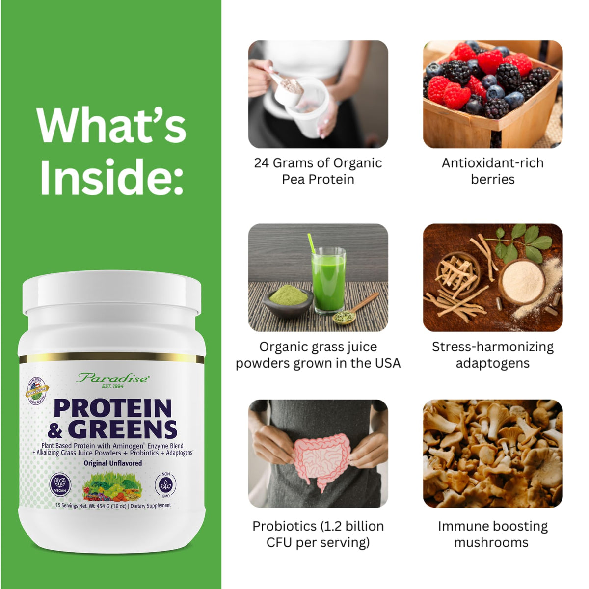 Paradise Herbs ORAC Energy Protein & Greens Powder, Antioxidant Power of 24 Servings of Fruits & Vegetables in 1 Scoop + 20g Protein, Unflavored, 15 Servings