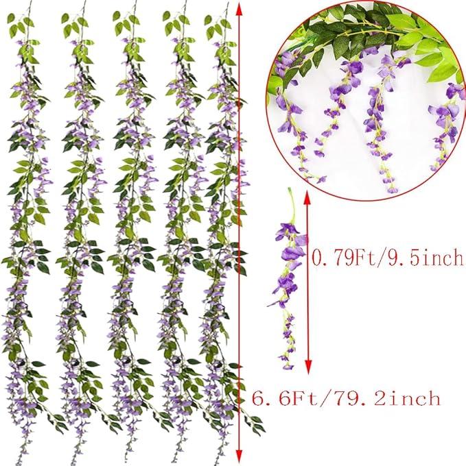 5pack Wisteria Garland Artificial Flowers Garland Fake Hanging Wisteria Vines for Wedding Floral Decor-Total 33 Ft (Light Purple)
