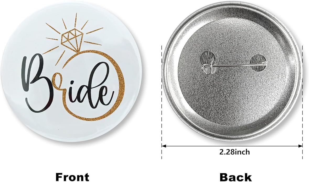 BrideTeam Bride Buttons Pins,Wedding Party Bride Shower Tinplate Badge Pin Bridesmaid Group Button Bachelorette Gift Decorating Accessory Set of 6 White Engagemnet Ring Rose Gold bride Squad 2.3Inch