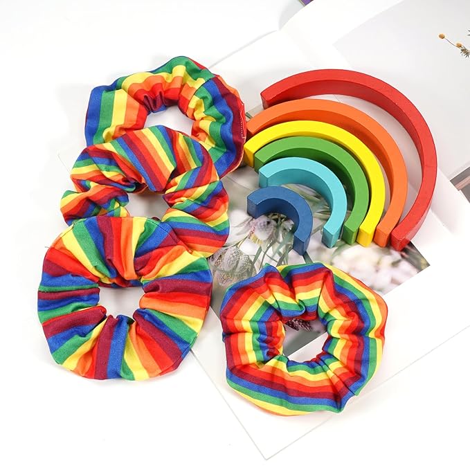 Rainbow Hair Scrunchies Elastic Pride Hair Ties for Women Girls Colorful Striped Hair Tie Rainbow Ponytail Holder Cute Hair Ring Hair Accessories