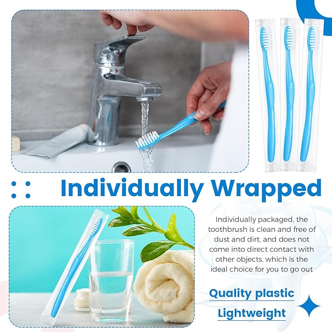 Tessco 1000 Pcs Disposable Toothbrushes Bulk Individually Wrapped Manual Soft Bristle Travel Toothbrushes Single Use Toothbrush for Homeless Hotel Toiletries Camping Office(Blue)