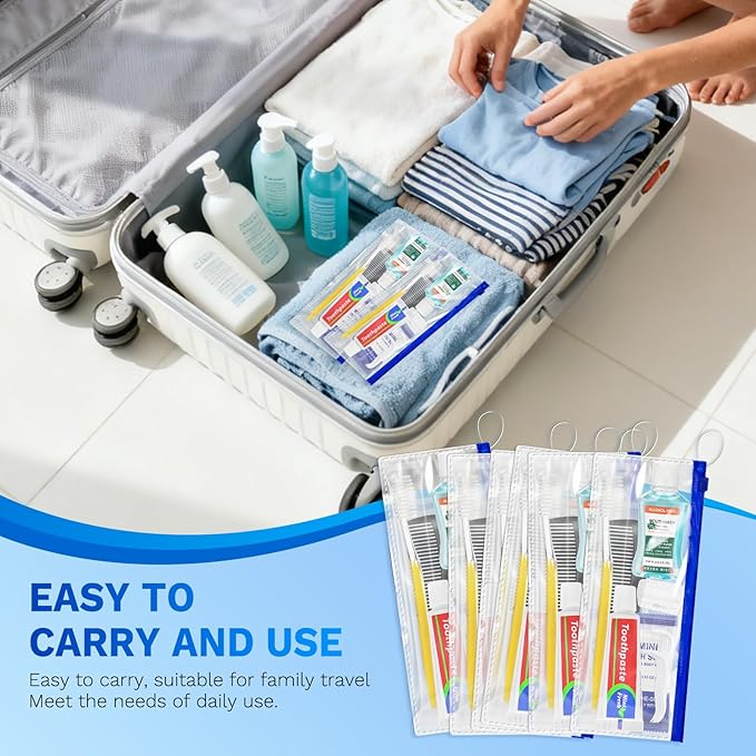 Xuezoioy Personal Hygiene Kit Bulk Pack of 50,Yellow Basic Travel Toiletry Set Disposable Toothbrushes with Toothpaste Mouthwash Floss Comb Cover and Zip Bag for Homeless,Charity,Guests
