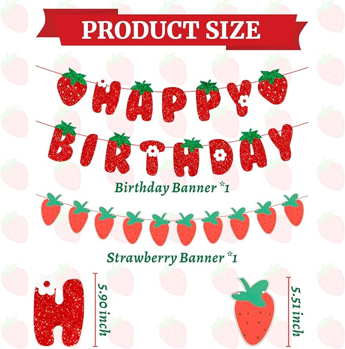 Strawberry Happy Birthday Banner Party Decoration Strawberry Themed Garland Baby Shower Birthday Decoration Supplies