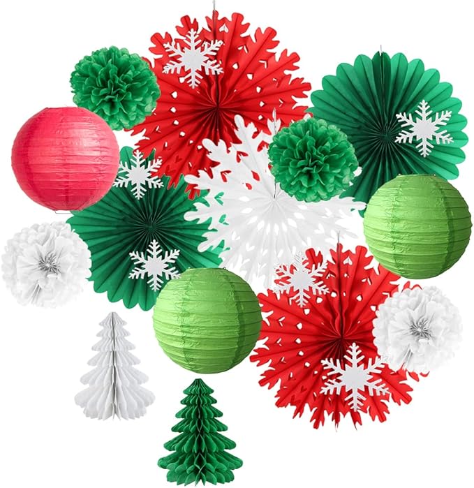 Christmas Party Decorations Indoor Red White and Green Christmas Decorations Hanging Paper Snowflakes Fans Paper Tree for Bridal Shower Baby Shower Birthday Party