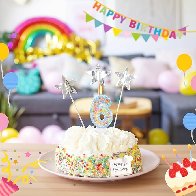 Birthday Candles - Number 6 Candle, Colorful Macaron Candles for Boys/Girls, Blue Cake Decorations, Blue Birthday Decorations, Theme Party Supplies