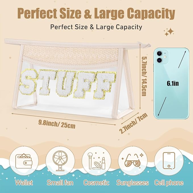 Etercycle Boho Straw STUFF Bag, Clear Waterproof Beach Bag Small Zipper Makeup Bag, Chenille Letter Patch Cosmetic Bag Holiday Vacation Summer Beach Gifts for Summer Travel