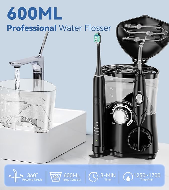 Water Flosser & Ultrasonic Electric Toothbrush Combo, 600ML Water Dental Flosser with 7 Jet Tips, 10 Adjustable Water Pressure, 5 Toothbrush Heads for Home Use, Gums, Braces (Black)