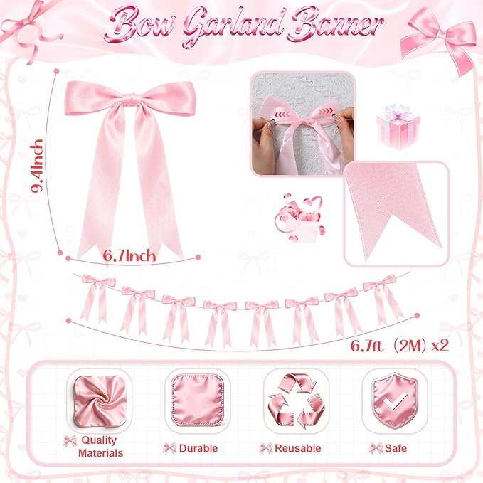 2 Strings Pink Bow Garland Banner Decorations, 16Pcs Pre-Strung Satin Ribbon with 6.7ft Chain for Girl Pink Ribbon Bow Banner Coquette Room Birthday Baby Bridal Shower Wedding Bachelorette Party Decor