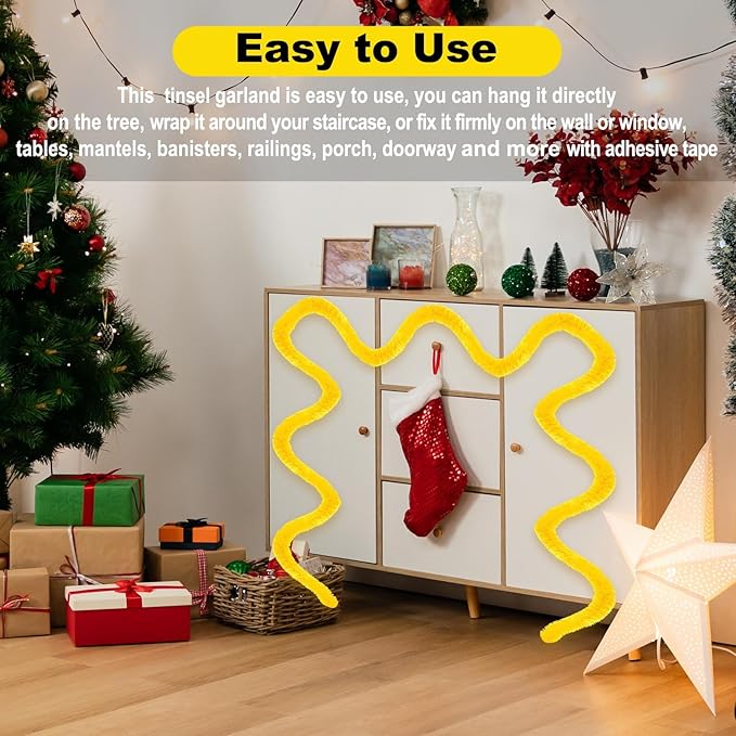 50 Feet Macaron Yellow Christmas Tinsel Garland, Metallic Foil Twist Garland Wall Hanging Tinsel Banner Backdrop for Parade Floats, Easter, Mother's Day, Wedding Party Decorations (2in x 50ft)
