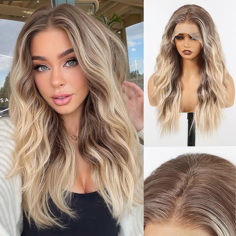 HAIRCUBE Glueless Synthetic Lace Front Wig, 18 Inch Ombre Blonde Hightlight Curly Wigs, Put on Go Layered Wigs for Women Daily Use