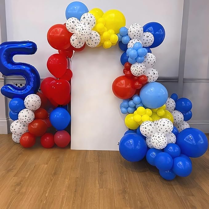4th Birthday Decorations Boy, Dog Paw Fourth Birthday Balloons Arch with Red Blue Yellow Latex Balloons and Long Balloon Number 4 and Star Foil Balloon for Paw Party Supplies