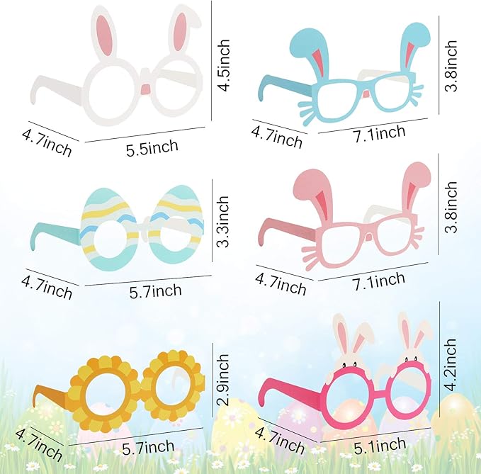 BigOtters 12PCS Easter Party Glasses, Funny Bunny Ears Paper Glasses for Kids Easter Party Favors Basket Stuffers Decorations Supplies