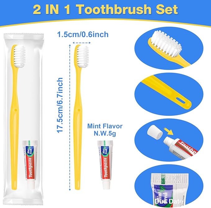 Disposable Toothbrushes with Toothpaste 10 Pack, Travel Size Toothbrush and Toothpaste Set, Bulk Tooth Brush Tooth Paste Kit, Individually Wrapped Travel Toiletries for Homeless, Hotel