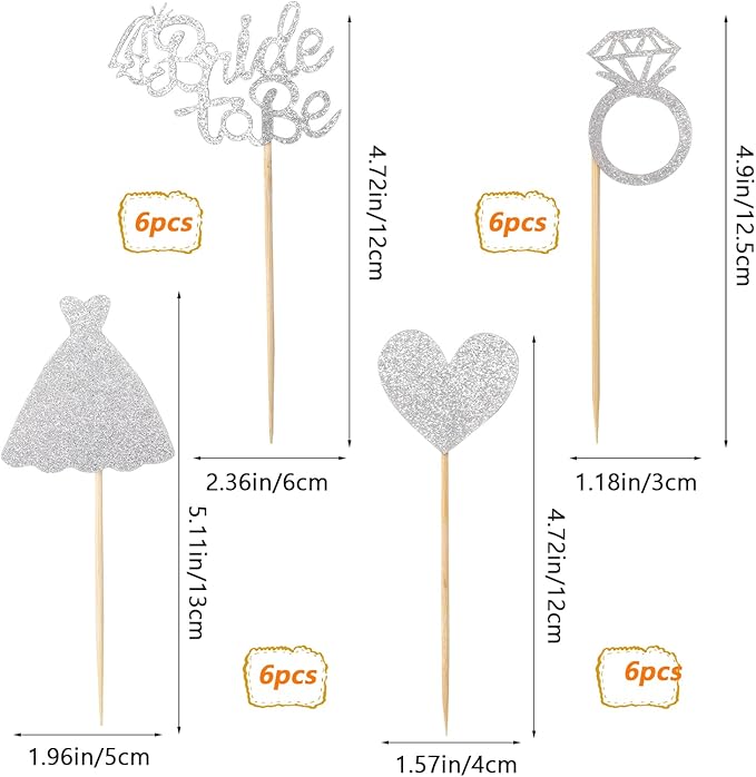 24 Pcs Glitter Bride Cupcake Toppers Silver Bridal Shower Cupcake Picks with Heart Ring Dress for Wedding Engagement Anniversary Party Cake Decorations
