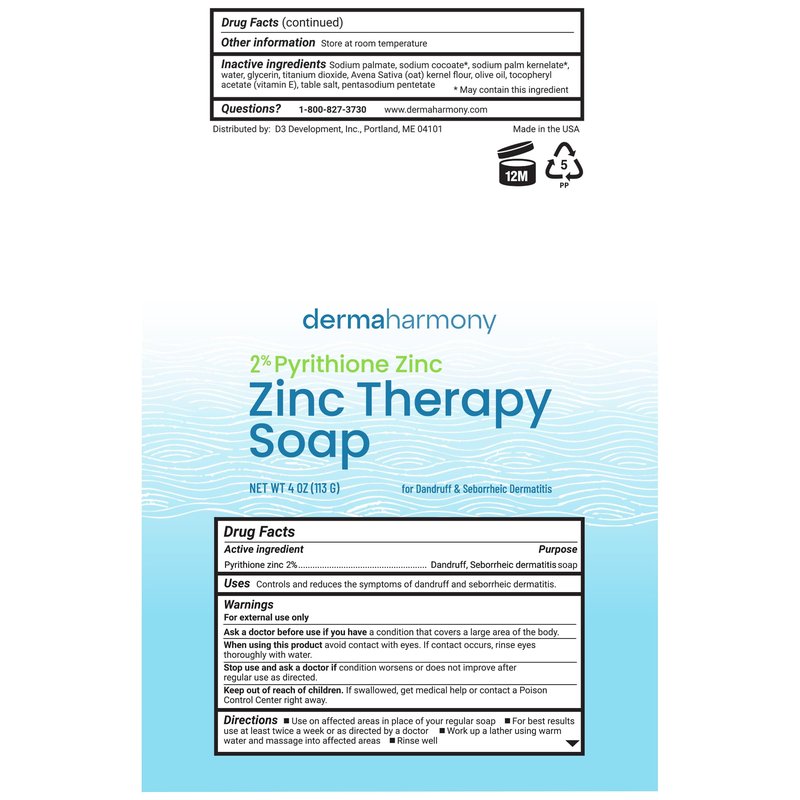 Dermaharmony Pyrithione Zinc (ZnP) Therapy Soap 4 oz Bars - 3 Pack - for Seborrhea and Dandruff