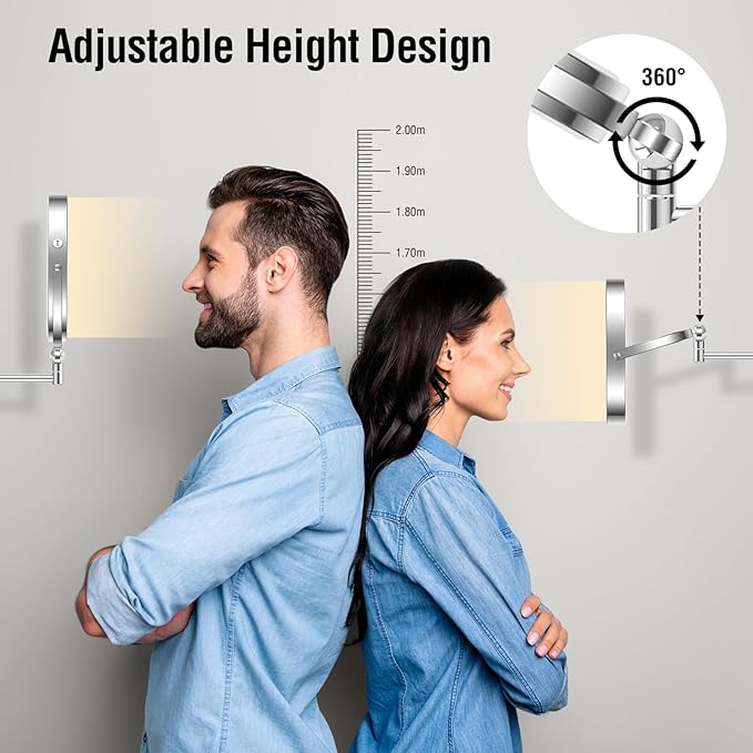 10x Large Wall Mounted Makeup Mirrror, Height Adjustable Lighted Mirror, 8" Double Sided Mirror, 1X/10X Magnifying Bathroom Mirror, 360° Rotation Adjustable, Detachable Ring, 3 Color Lights