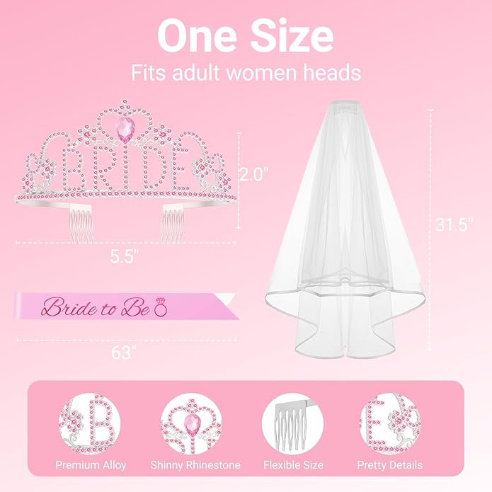 3Pcs Bride to Be Sash with Crown and Veil for Bachelorette Party Decorations，Bridal Shower Accessories for Gift, Favors