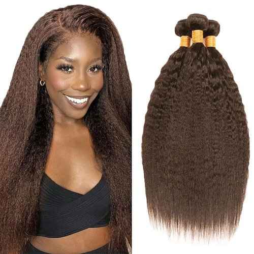 Condescension Bundles Human Hair 18 20 22" Inch Chocolate Brown Yaki Wave Human Hair Bundles Brazilian Virgin Remy Medium Brown Soft and Silky Hair Extensions