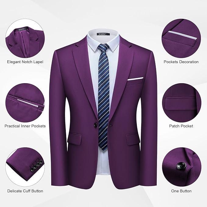 WULFUL Men's 2 Piece Slim Fit Suit Set One Button Blazer Jacket Pants Tuxedo Set for Party, Wedding and Business