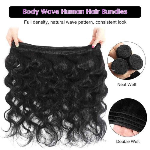 Body Wave Bundles Human Hair 18 20 22 Inch Human Hair Bundles 100% Unprocessed 12A Brazilian Virgin Human Hair Extensions for Women Natural Black
