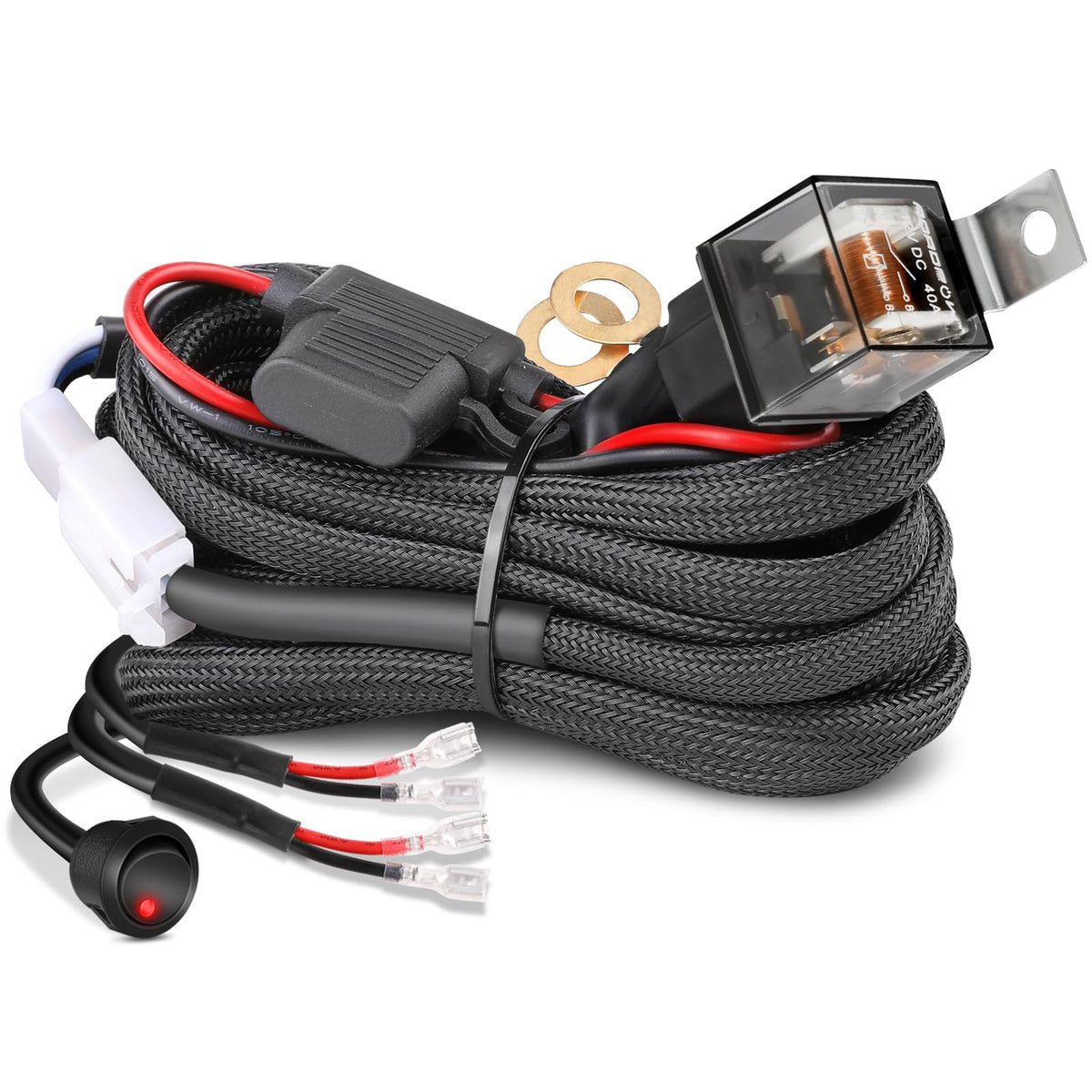 Wiring Harness Kit 10AWG 2 Lead, Nirider 12V Heavy Duty Rocker Switch Relay Fuse Nylon Wiring Harness for LED Light Bars Fog Lig
