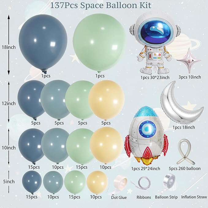 137Pcs Space Balloon Arch Garland Kit with Dusty Blue Green Nude Rocket Astronaut Moon Star Balloons for Space Baby Shower, Nasa Party Decor, Astro Bot Party Supplies, Over The Moon for Boy