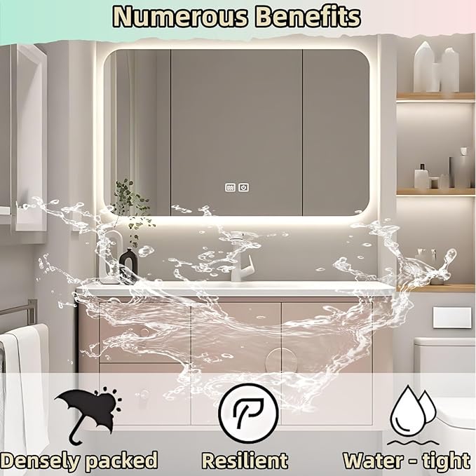 40IN Pink Modern Bathroom Vanity - Bathroom Vanities Set with 2 Drawers Wall Mounted | Rounded Corner Smart Defogging Mirror Cabinet with Lighting & Time Display, Side Opening Storage Shelf (Style A)