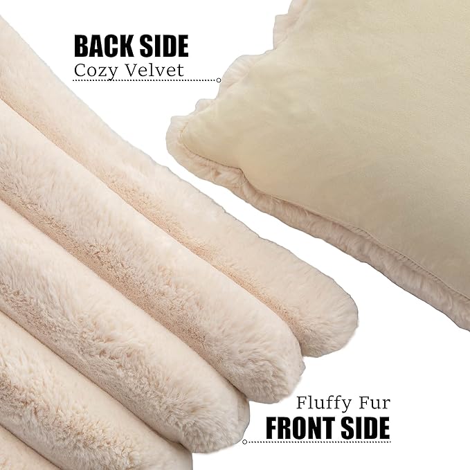 Neelvin Beige Faux Fur Cozy Soft Striped Decorative Throw Pillow Covers 20x20 inch Set of 2,Velvet Pillowcase Cushion Case for Sofa Couch