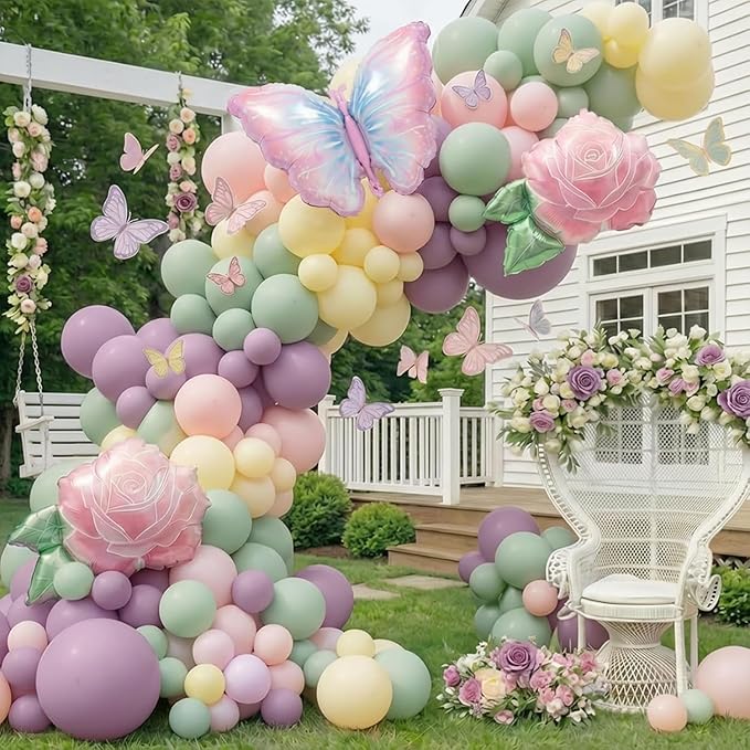 Spring Floral Butterfly Balloon Arch Kit Pastel Lavender Purple pink yellow Balloon Garland with rose Butterfly mylar Balloons for Wildflower Fairy Baby Shower Birthday Garden Tea Party Decorations