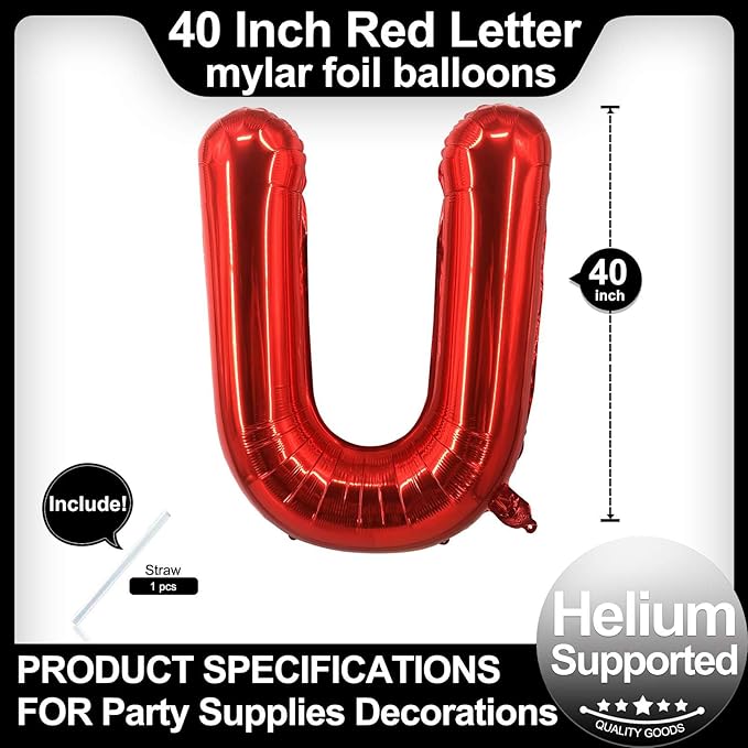 40 Inch Red Letter U Balloons, DIY Phrase Foil Alphabet Letter U Balloons DIY Word U Banner for Birthday Anniversary Celebration Graduation Party Supplies Decoration