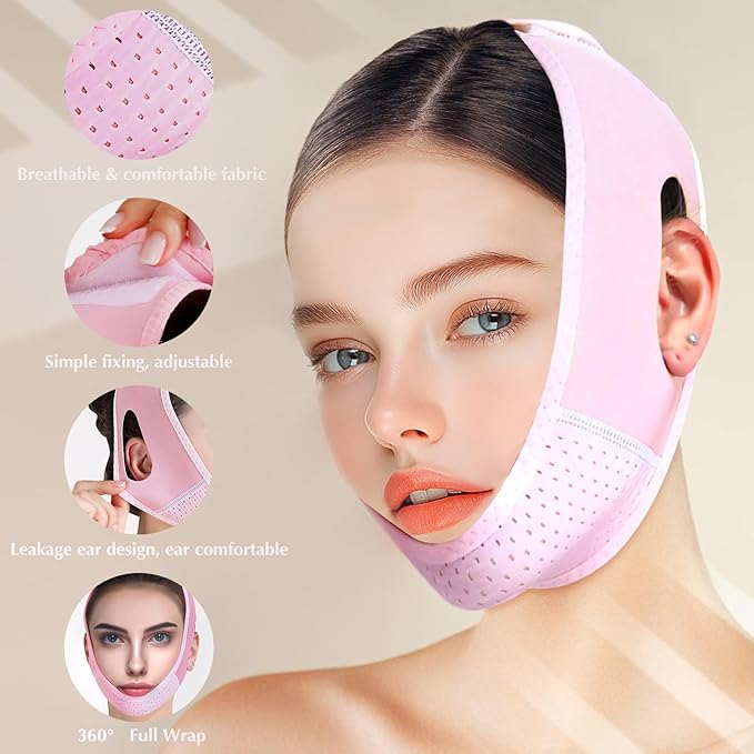 Reusable V Line Lifting Mask with Chin Strap, V Shaped Face Mask for Sagging, Jaw Exerciser (Pink)