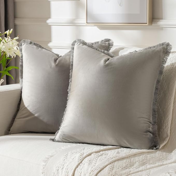 FUTEI Grey Velvet Decorative Throw Pillow Covers 16x16 Set of 2,Soft Cozy Edge with Tassels Cushion Case,Boho Modern Home Decor for Couch Bed Living Room