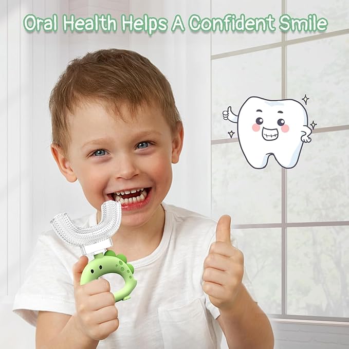 U Shaped Toothbrush - for Kids, Manual Whole Mouth Toddler Toothbrush Age 2-4 5 6 & up,Food Grade Soft Silicone Brush, 360° Oral Teeth Cleaning, Good for Dental Health, 2 Green