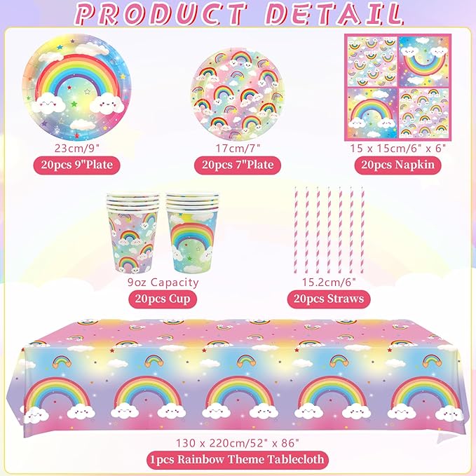 Rainbow Party Decoration - Rainbow Birthday Party Tableware Supplies Includes Plates, Cups, Napkins, Tablecloth, Straws (20)