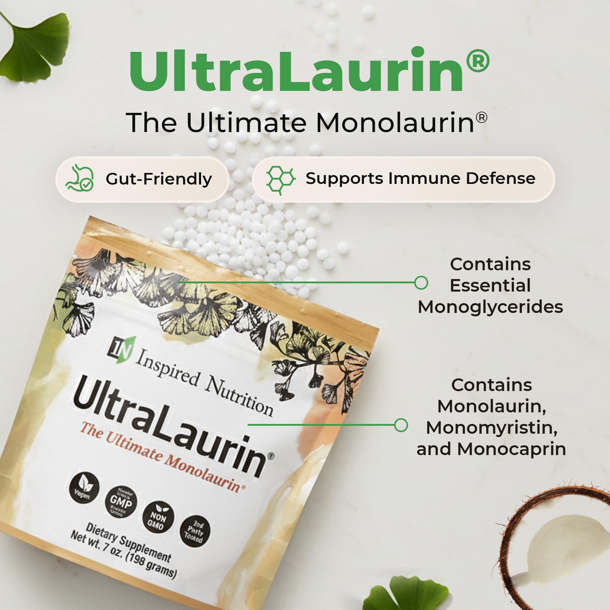 UltraLaurin® Monolaurin Supplement – 3,000 mg Coconut-Derived Pellets for Immune & Gut Health Support, Digestive Wellness – 7 oz - 66 Servings – Vegan, Non-GMO, Natural Immune & Digestive Support