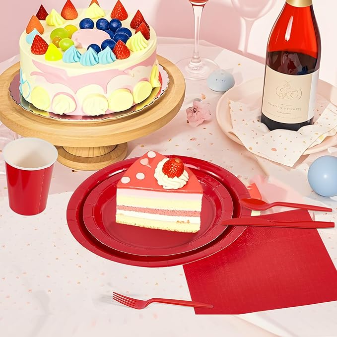 Ottin 169PCS Red Christmas Party Supplies for 24 Guests – Disposable Paper Plates, Napkins, Cups, Forks, Knives, Spoons & Tablecloth for Birthday, Wedding, Thanksgiving, Christmas, and New Year