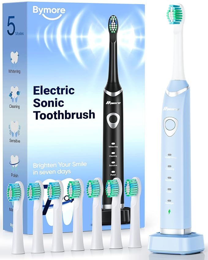 Bymore 8 Replacement Heads Electric Toothbrush for Adults, Ultra Clean Rechargeable Sonic Toothbrush Portable - Sky Blue