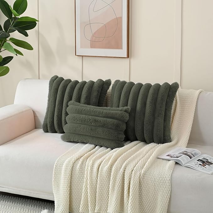 FUTEI Olive Green Decorative Throw Pillow Covers 26x26 Inch Set of 2, Square Soft Faux Rabbit Fur Big Striped Pillow Sham,Home Decor for Couch Sofa Bed Living Room