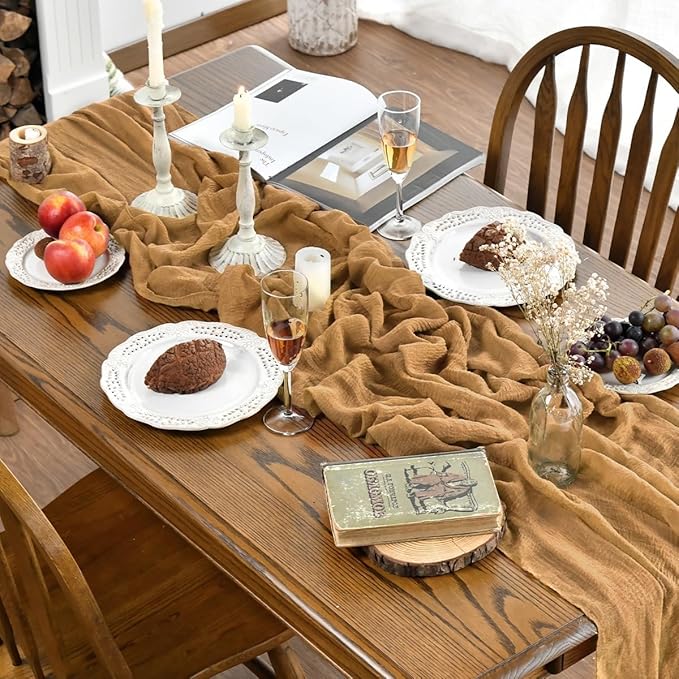 Artoid Mode Boho Cheesecloth Gauze Mustard Yellow Wedding Table Runner, 120 Inch Seasonal Fall Thanksgiving Fabric Kitchen Dining Holiday Table Decor for Home Party Indoor