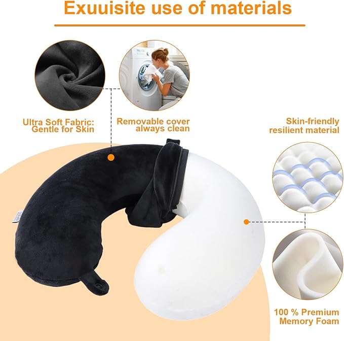 Travel Pillow,100% Pure Memory Foam U Shaped Neck Pillow,Super Lightweight Portable Headrest Great for Airplane, Car,Home,Office,Sleeping Rest (Black)