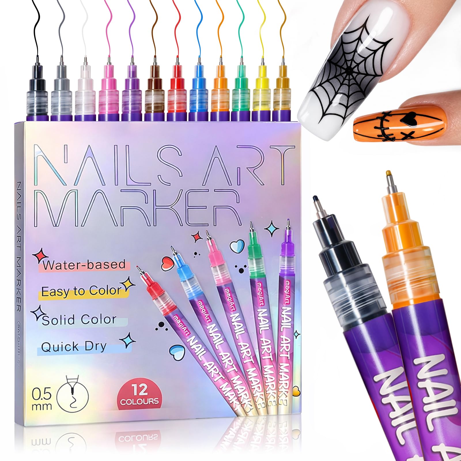 12 Colors Nail Art Pens Kit, 0.5mm Precision Nail Art Markers, Quick-Dry Waterproof Nail Polish Pens for DIY Manicure, Drawing & Creative Nail Art Designs