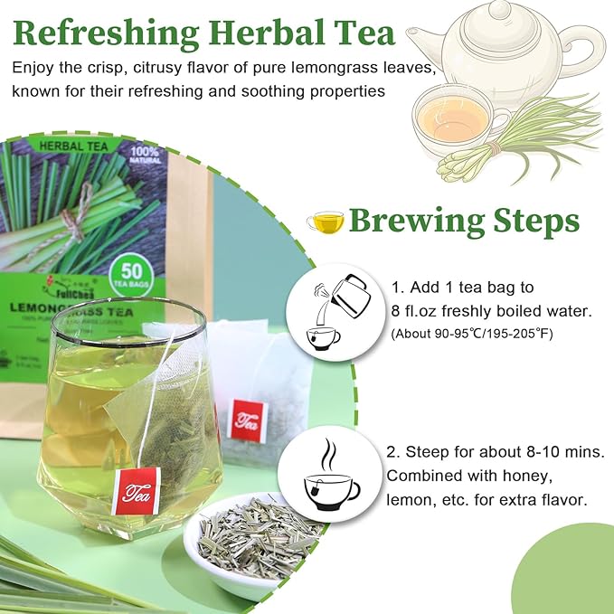 Fullchea - Lemongrass Tea Bags, 50 Teabags - Refreshing Herbal Tea Made from Pure Lemongrass Leaves - Non-GMO - Caffeine-Free - Perfect for Relaxation and Wellness