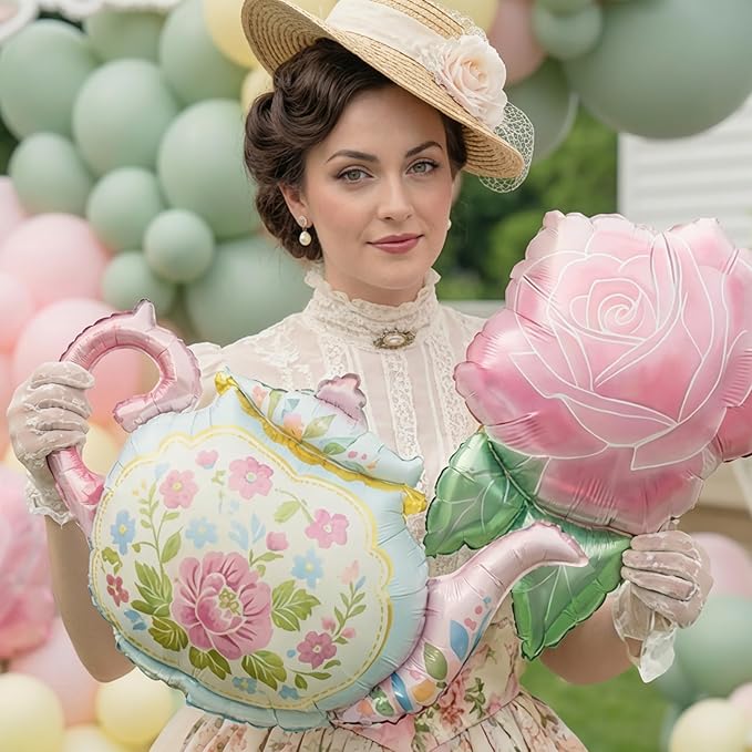 Spirng Tea Party Balloon Garland Kit Pastel sage green pink balloons With Teapot & Rose mylar balloons for outdoor garden Let's Par Tea Girls Birthday Alice in Wonderland decorations