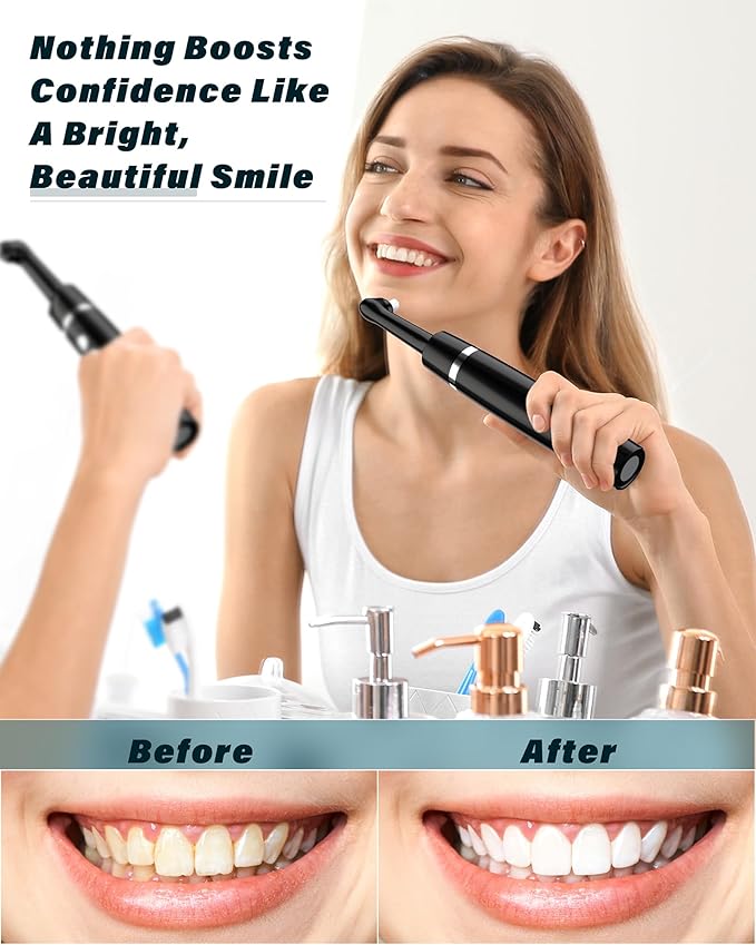 Tooth Polisher, Rechargeable Tooth Whitening Kit for Teeth Cleaning and Whitening, with 3 Tooth Polish Paste and 5 Brush Heads, LED Light, Easy to Use at-Home Personal Dental Care Kit (Black)