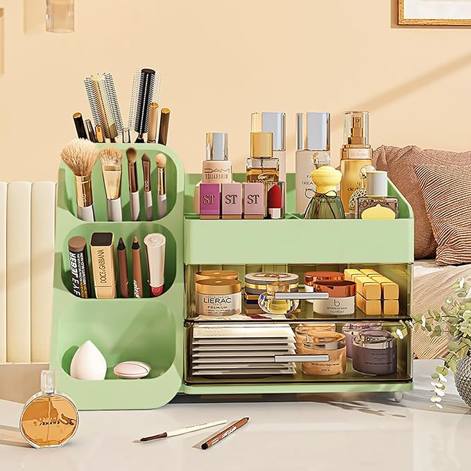 Makeup Organizer with Drawers,Large Capacity Countertop Organizer for Vanity,Bathroom and Bedroom Desk Cosmetics Organizer,Easy To Storage Skincare,Brushes,Lotions,Lipstick (Green)