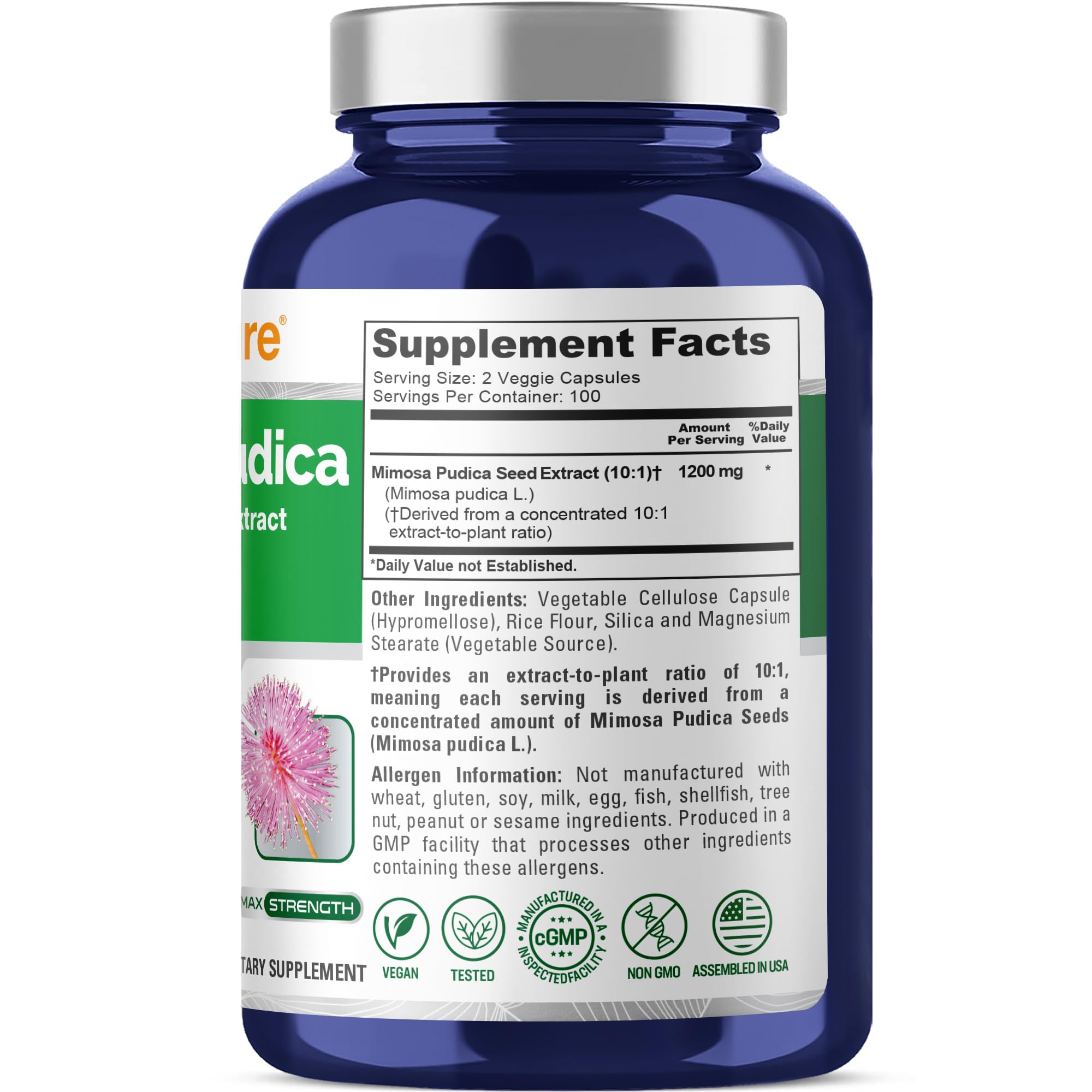 NusaPure Mimosa Pudica Capsules, 1200 mg, 200 Veg Capsules (Non-GMO, Vegan)