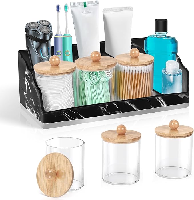 Marble Bathroom Countertop Organizer, Toothbrush Holders for Bathroom with 3PCS Qtip Holder Dispenser and Toothpaste Holder Drainage for Bathroom Accessories Organization Counter Vanity Storage