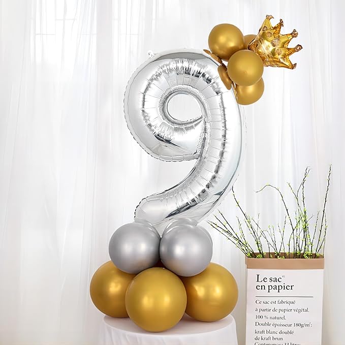 40 Inch Silver Number Balloons, Helium Mylar Foil Number Balloons for Birthdays, Number 9 Balloon for Party Wedding Bachelorette Birthday Bridal Shower Graduation Anniversary Celebration Party Decorations Supplies