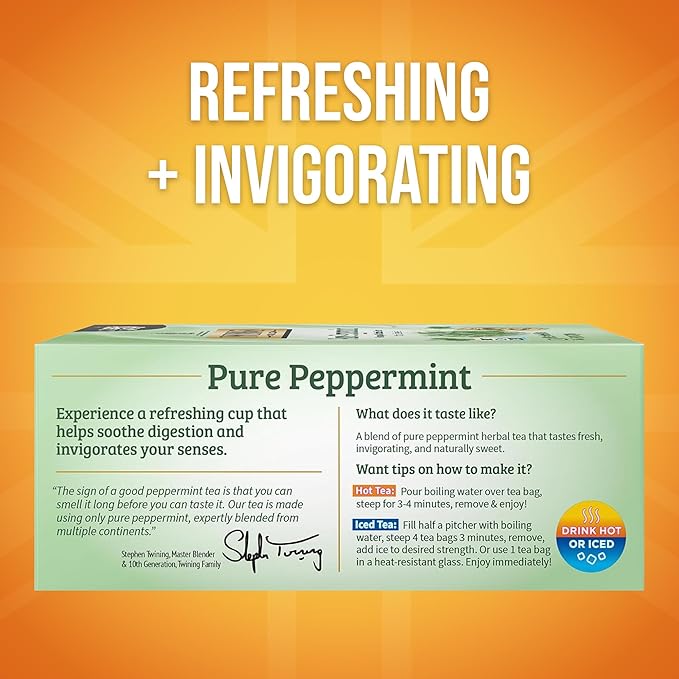 Twinings Pure Peppermint Herbal Tea Individually Wrapped Bags, 100 Count (Pack of 1), Fresh Minty Flavour, Naturally Caffeine-Free, Enjoy Hot or Iced, 100 Teabags